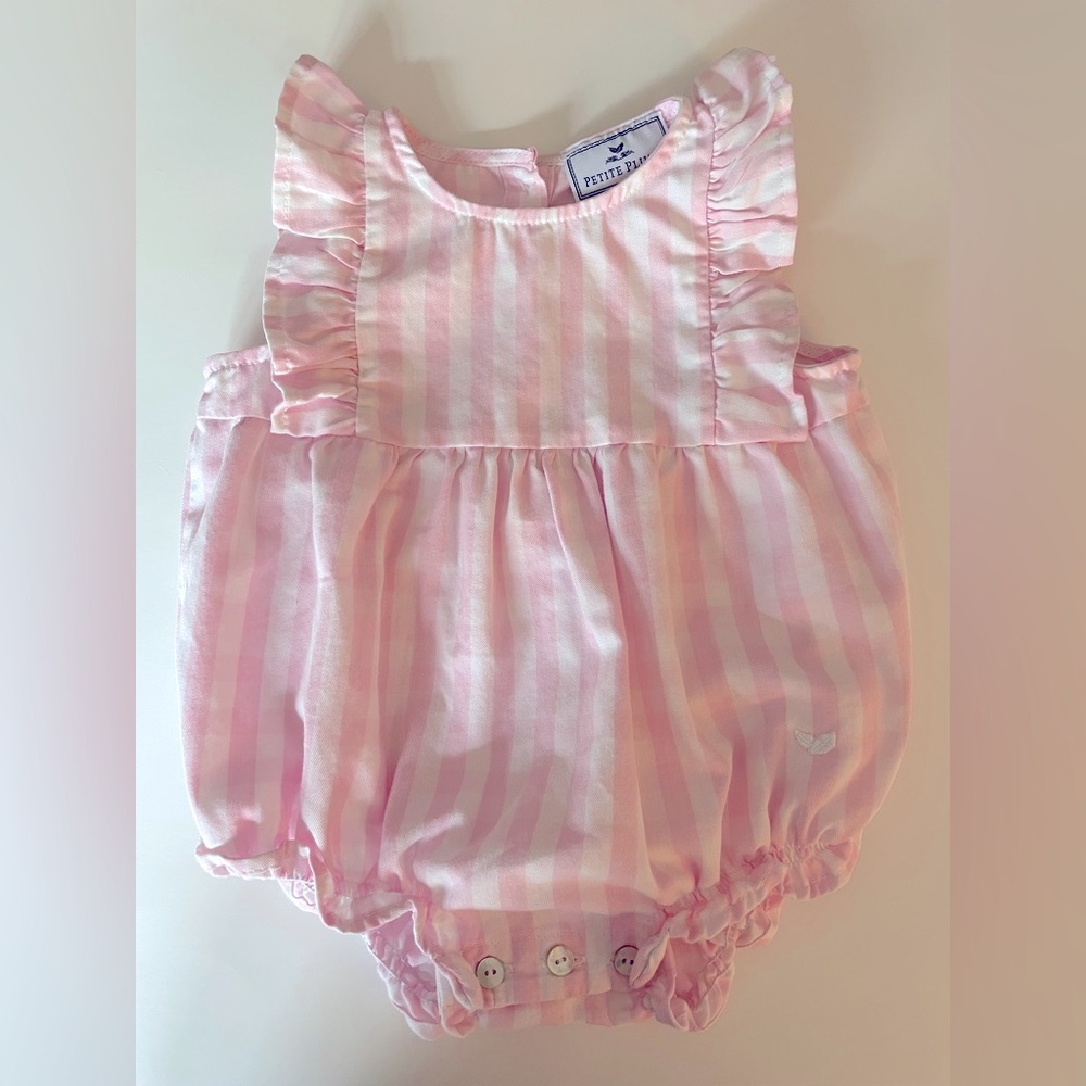 Petite Plume Baby’s Twill Ruffled Romper in Pink Gingham.